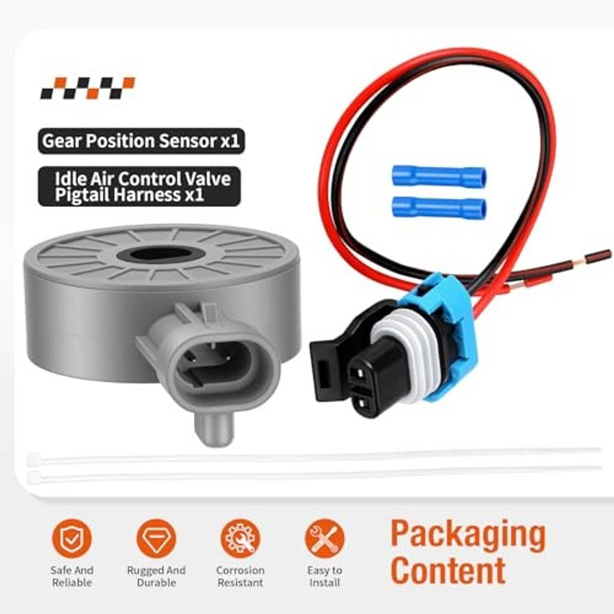 Gray gear position sensor with blue pigtail connector and red/black wires, with blue caps