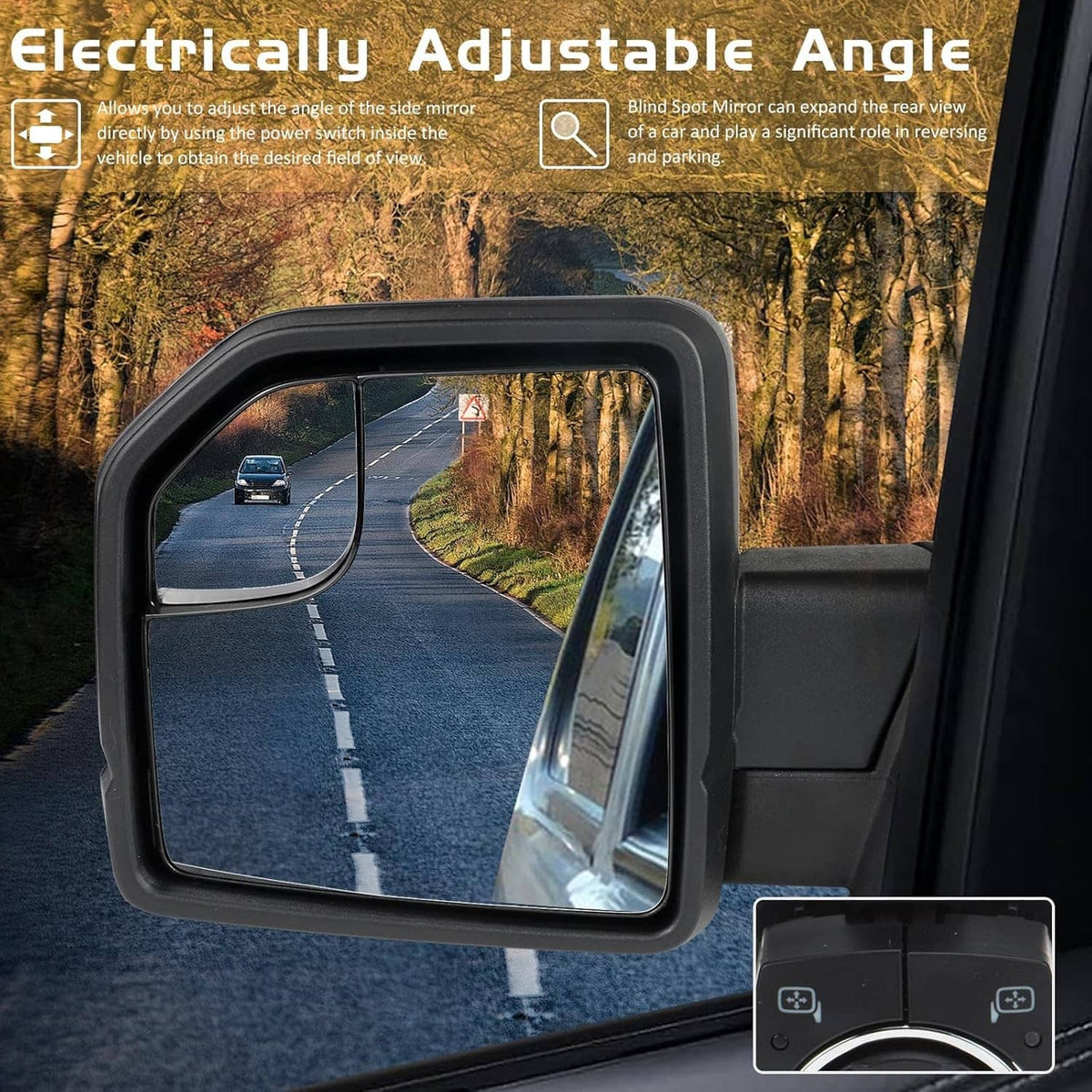 Heated left side mirror with adjustable angle and clear glass, black housing
