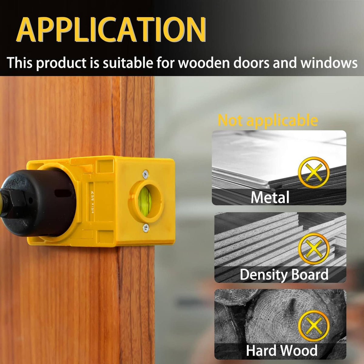 Yellow hole-saw guide with black deadbolt latch and key cylinder on wood door