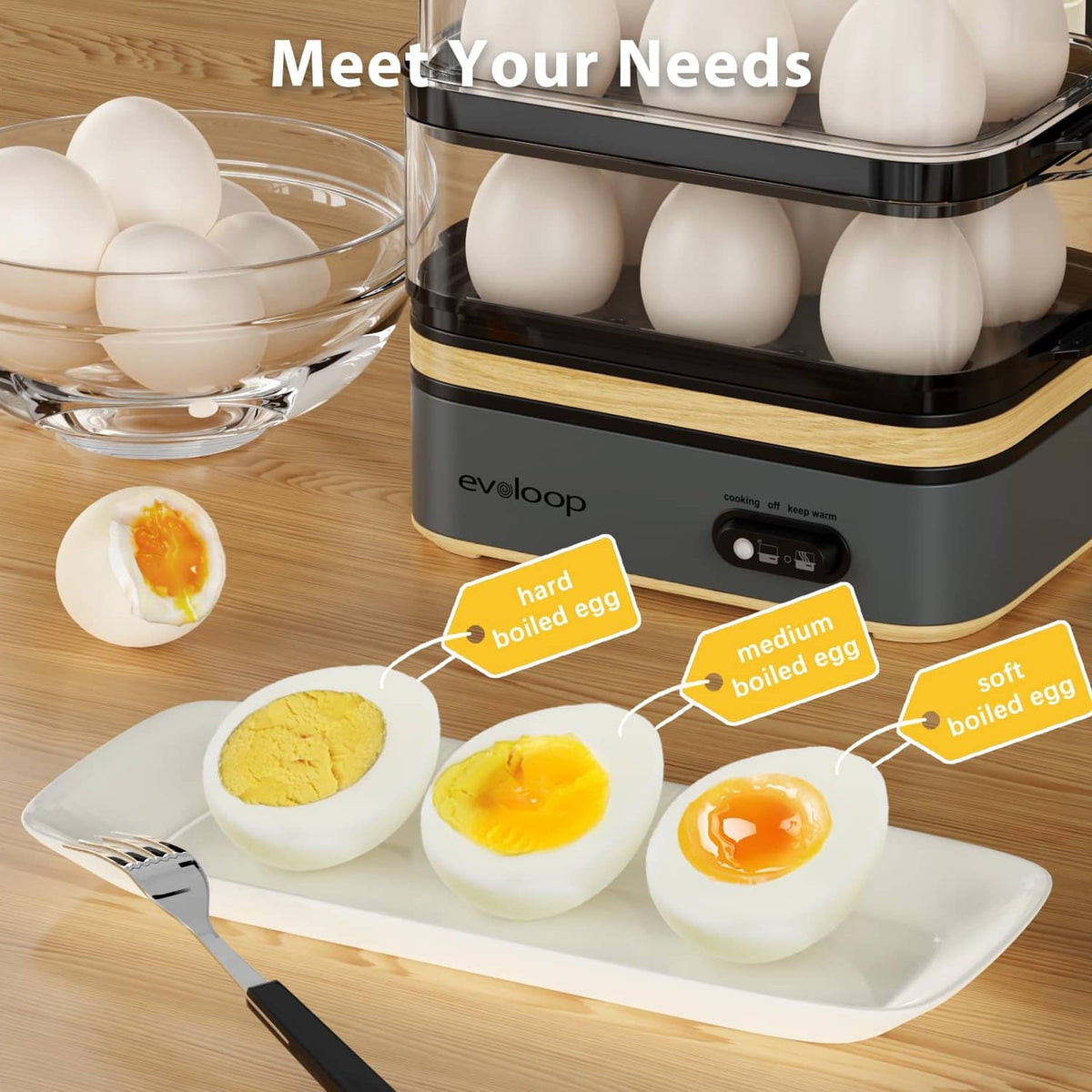 Electric 12-egg cooker with clear lid, plus plate of soft and medium boiled eggs