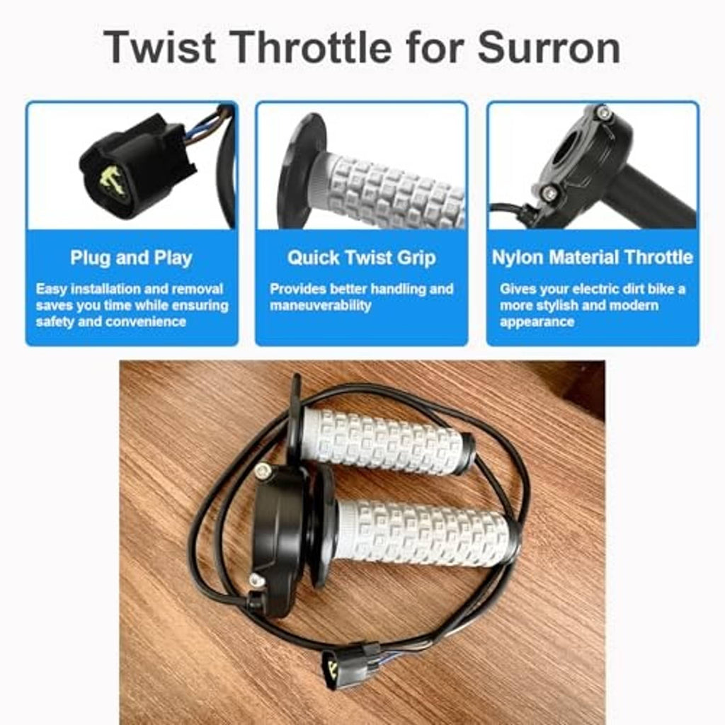 Twist throttle with gray knurled grips, black housing, and two cable connectors