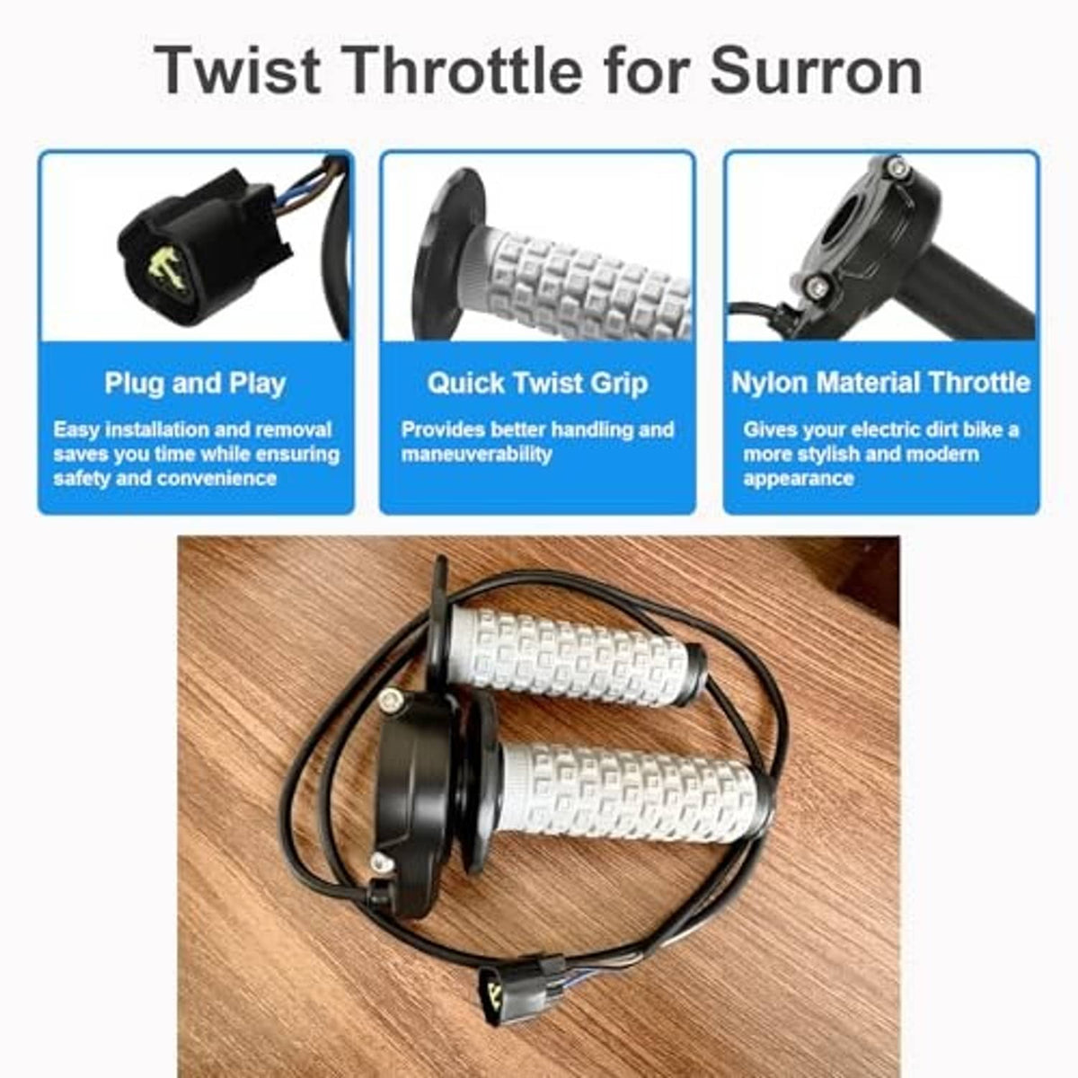 Twist throttle with gray knurled grips, black housing, and two cable connectors