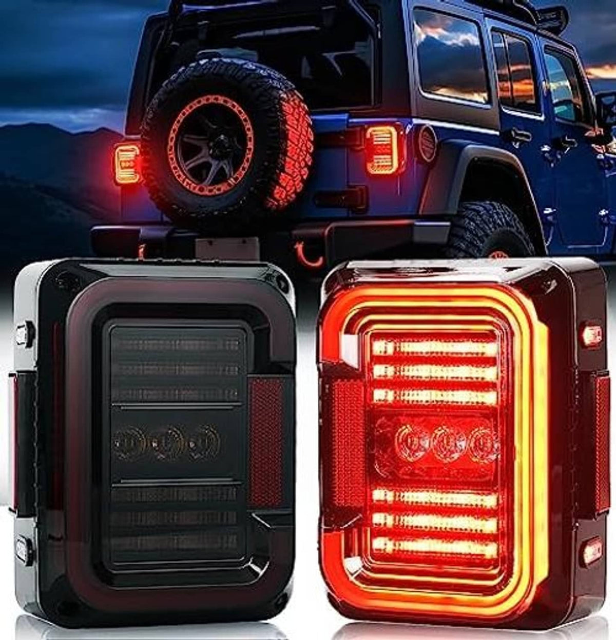 LED taillight pair with smoke lens over red LED light bars and black square housings