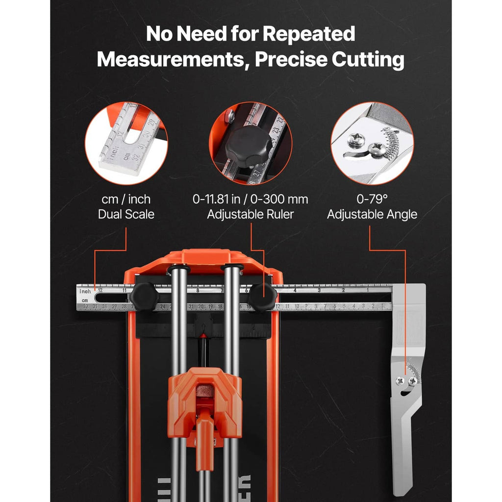 Uimoso manual tile cutter showing top rails, scoring handle, and base