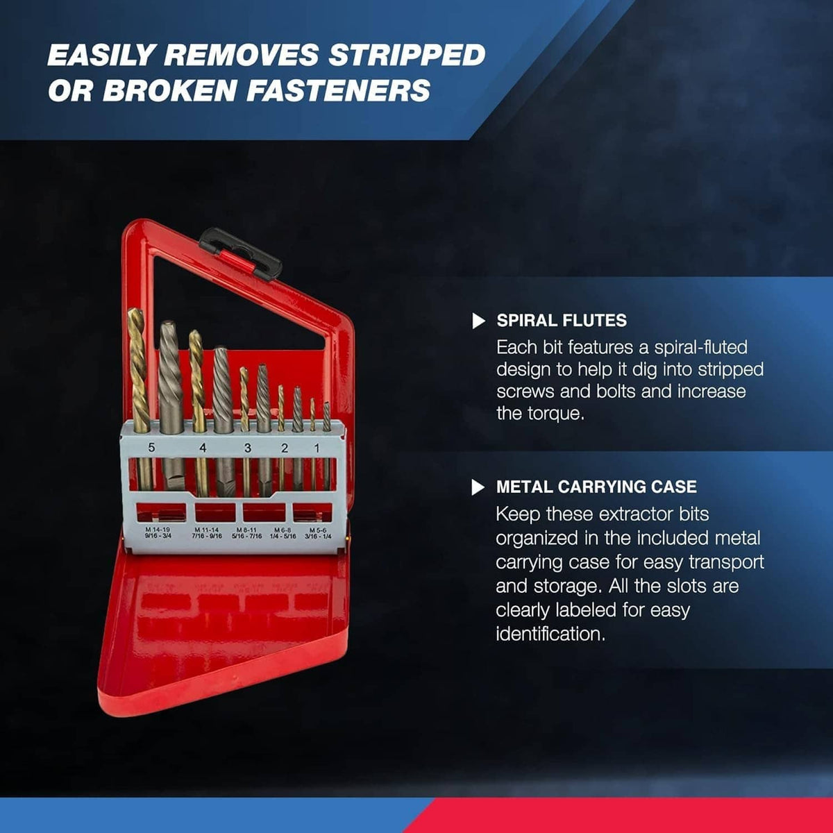 Red spiral-fluted screw-extractor and left-hand drill bit set with carrying case