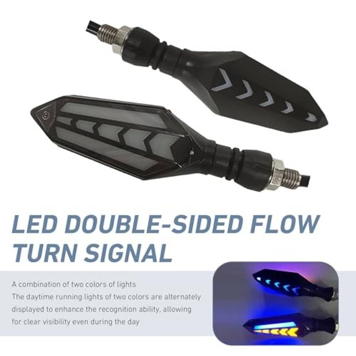 Motorcycle LED turn signal lights, black arrow housings with integrated arrow LED pattern