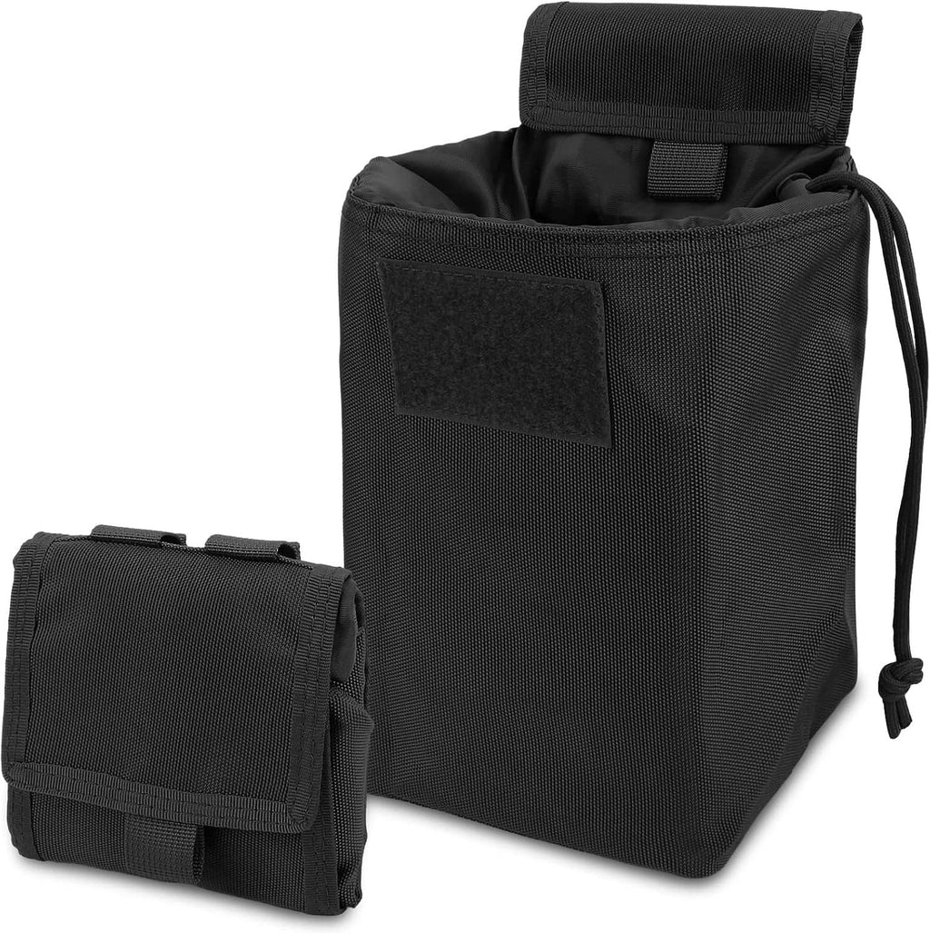 Black MOLLE dump pouch with roll-top flap, drawstring cords, and small front pocket