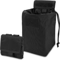 Black MOLLE dump pouch with roll-top flap, drawstring cords, and small front pocket