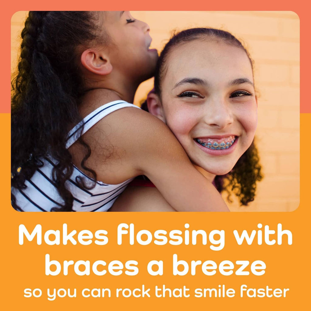 Dental floss pick for braces, lifestyle scene with smiling braces-wearing child