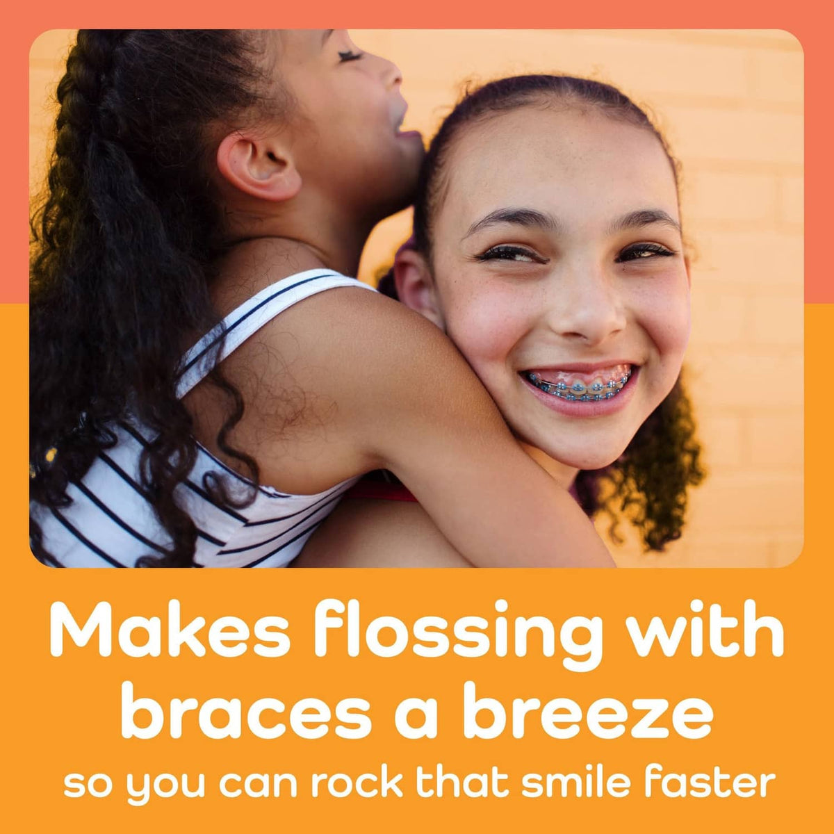 Dental floss pick for braces, lifestyle scene with smiling braces-wearing child
