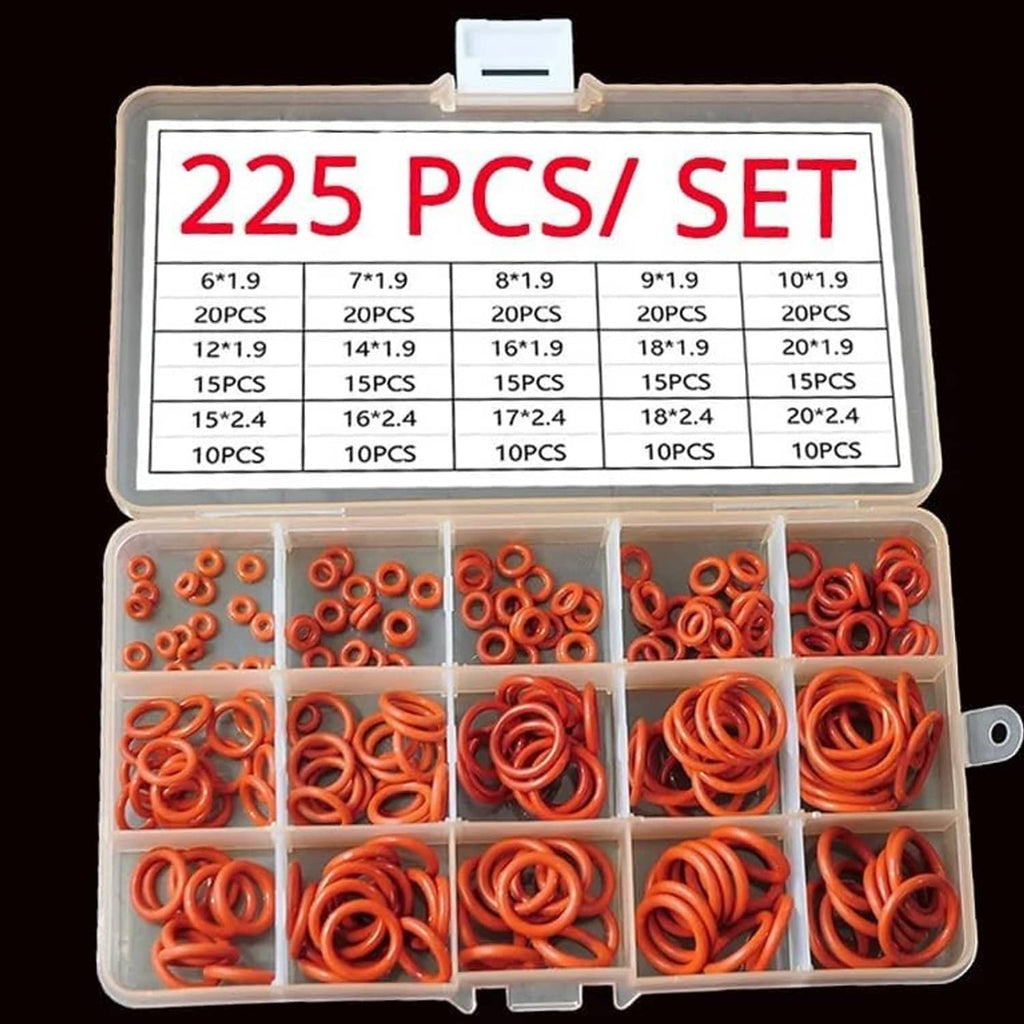 Red silicone O-ring set in clear organizer, mixed sizes arranged in compartments