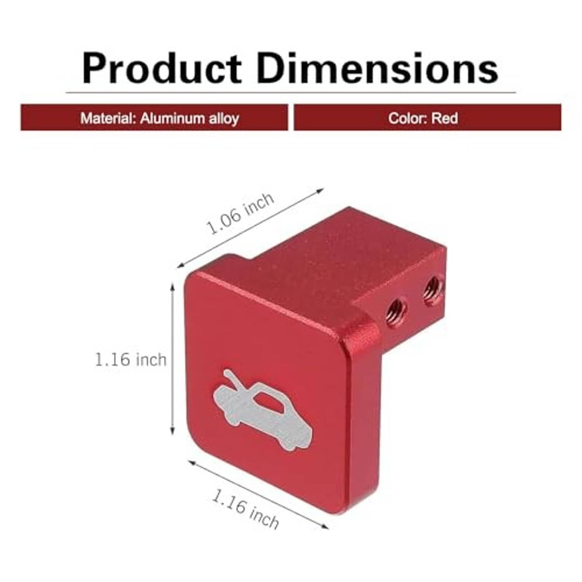 Red aluminum hood latch release handle with labeled dimensions and two mounting holes