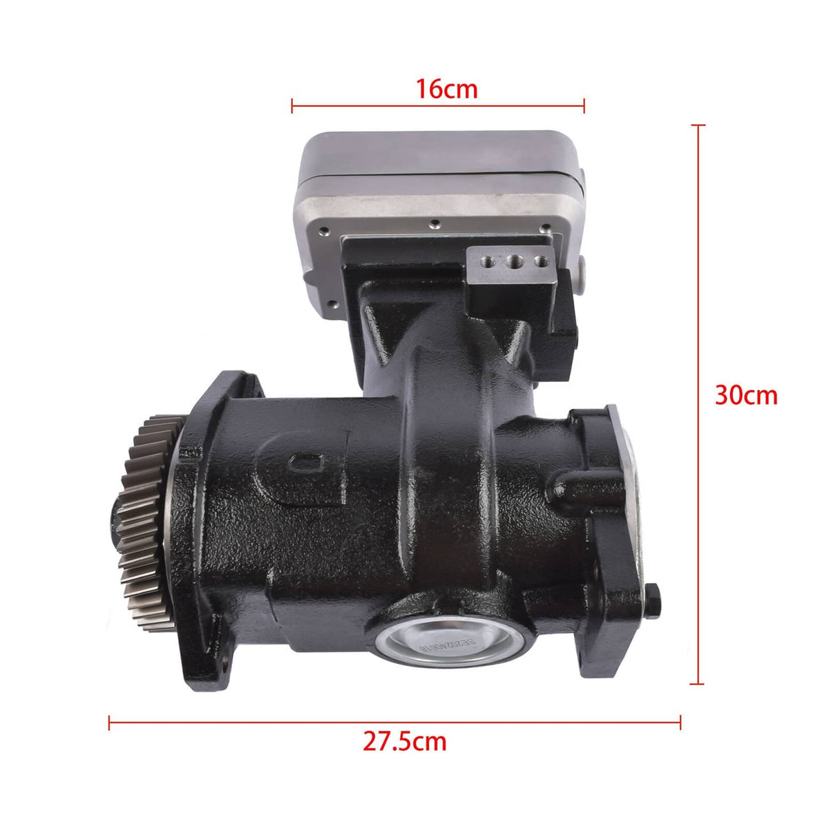 Black air compressor unit with gray top housing and metal mounting bracket