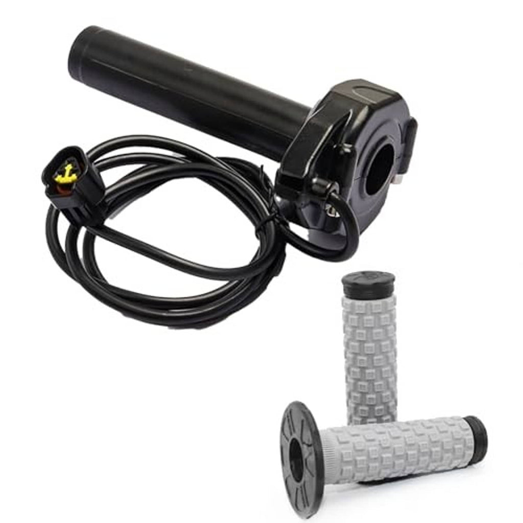 Twist throttle with black control housing, gray knurled grips, and looped cable