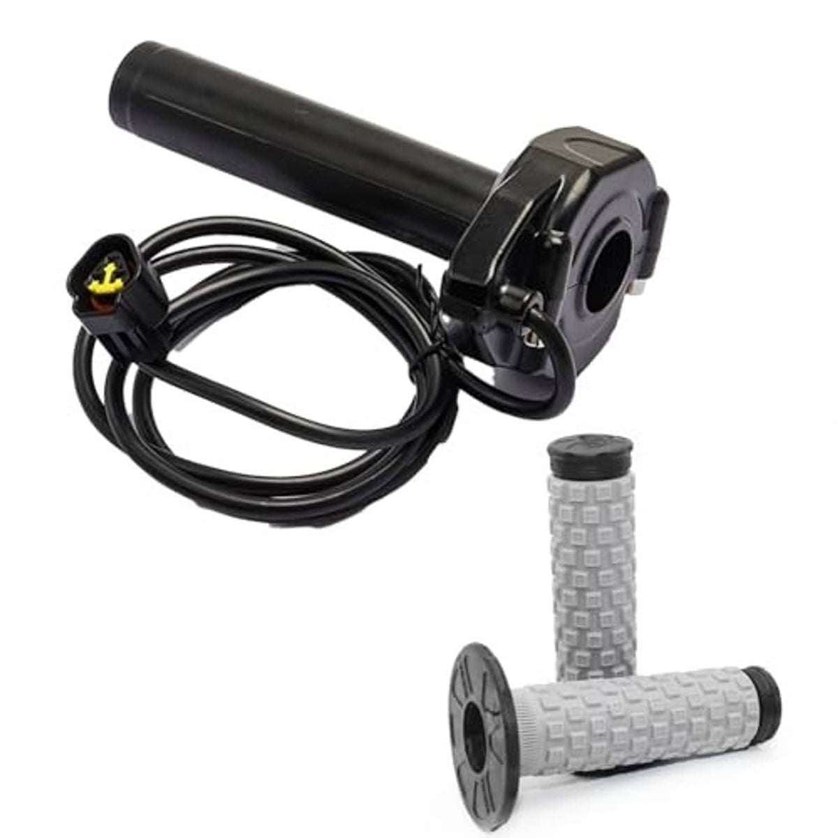 Twist throttle with black control housing, gray knurled grips, and looped cable