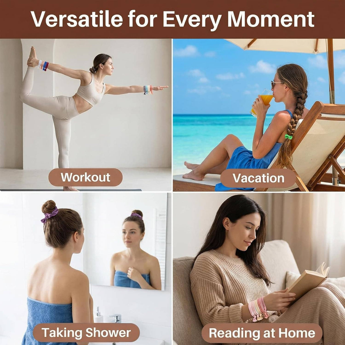 Ribbon elastic hair ties for workout, vacation, shower, and at-home reading