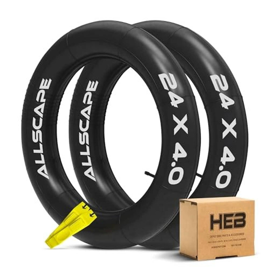 Two-pack of black bike inner tubes with yellow valve stems and HEB shipping box