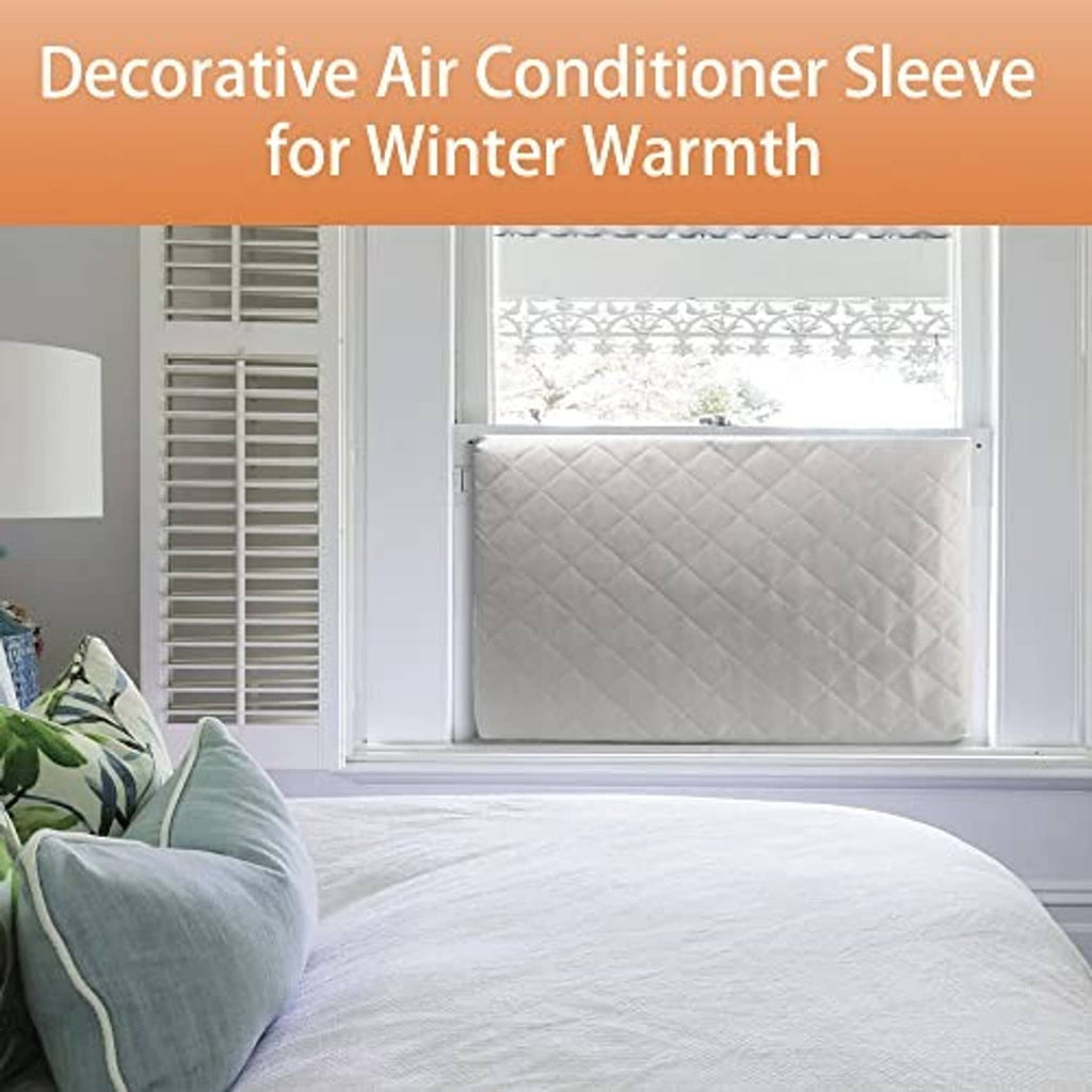 Light gray quilted decorative air conditioner cover on a window unit