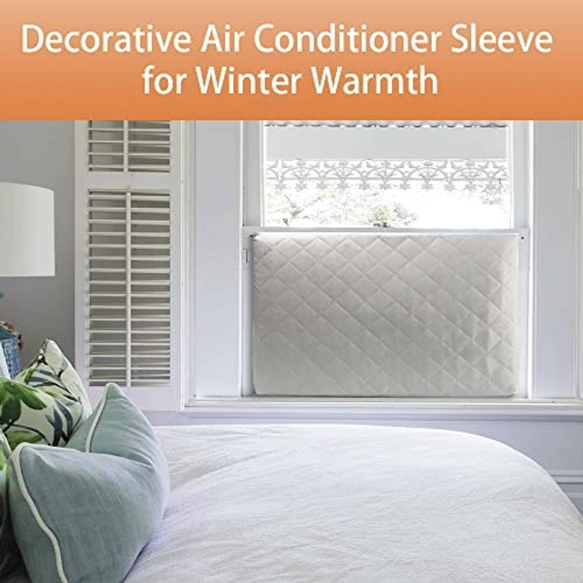 Light gray quilted decorative air conditioner cover on a window unit