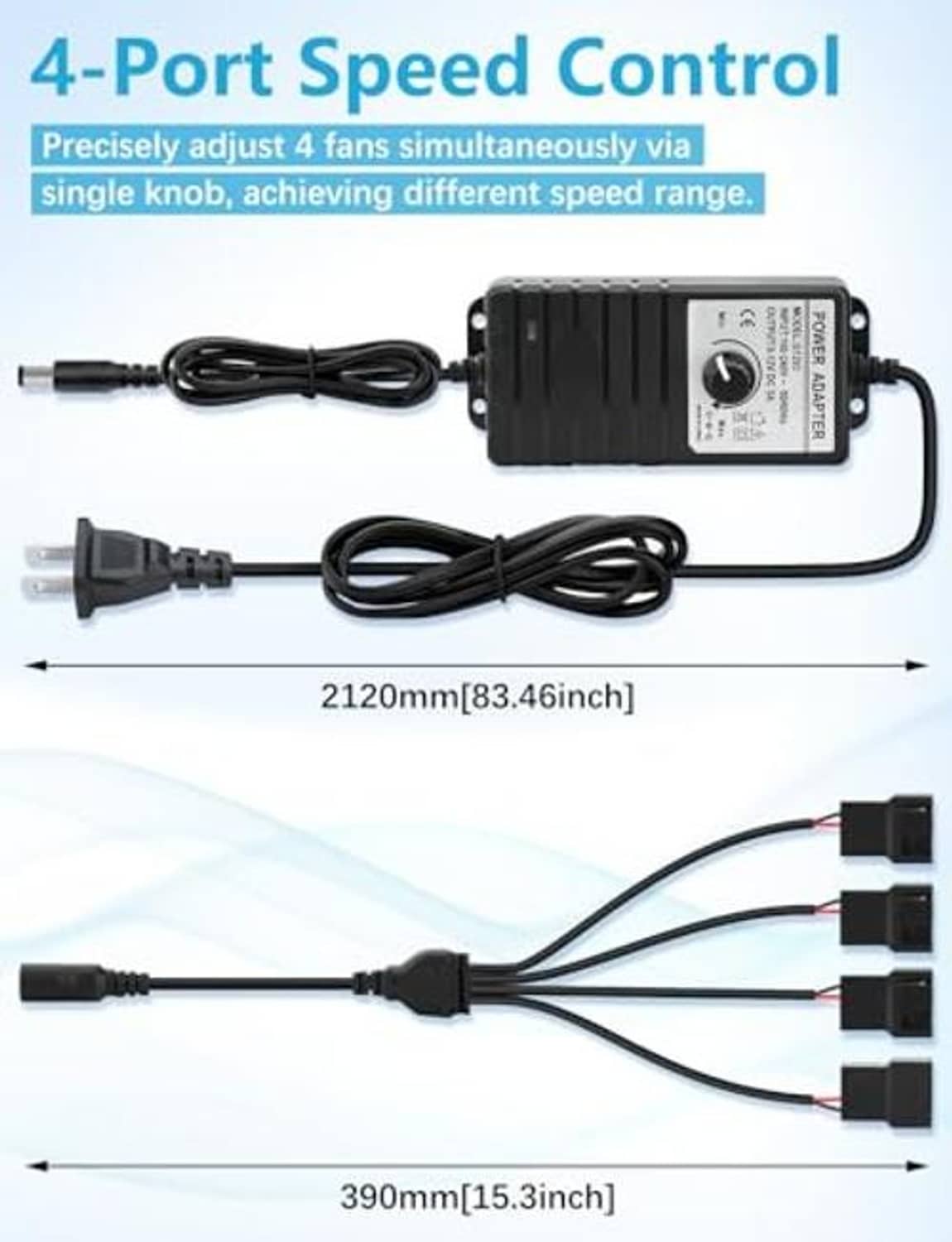 Black 4-port speed controller power supply unit with knob and long fan splitter cables