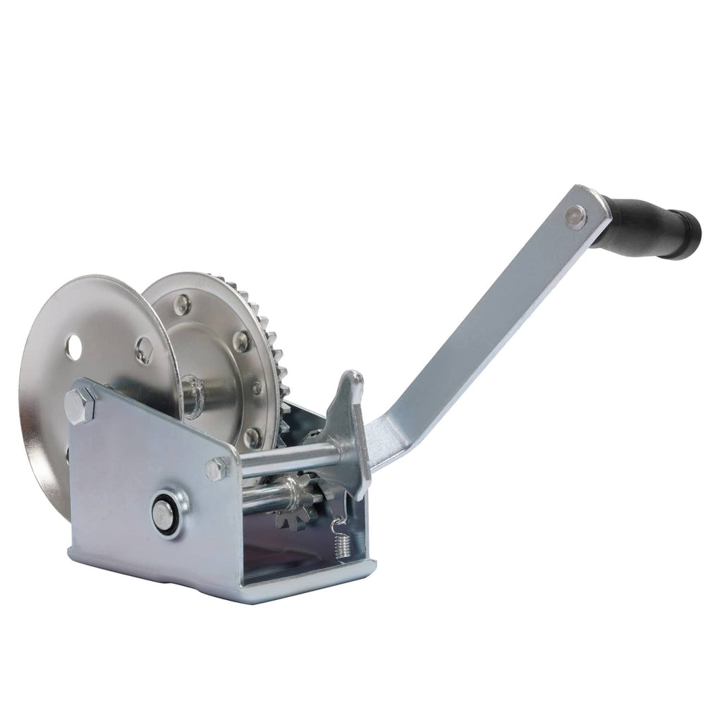 Galvanized steel horizontal hand ratchet winch with black pull handle