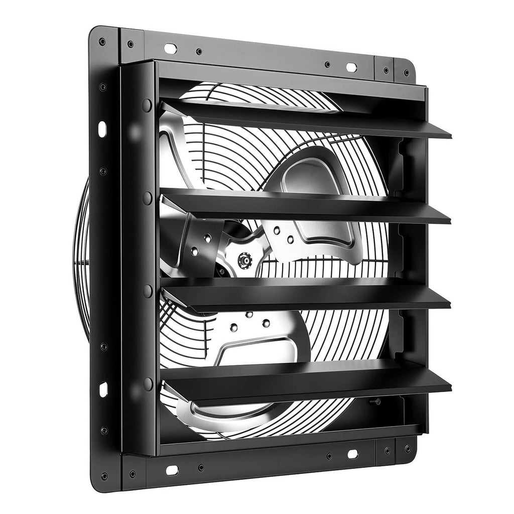 Black wall-mounted exhaust fan with multi-blade internal fan and louvered frame