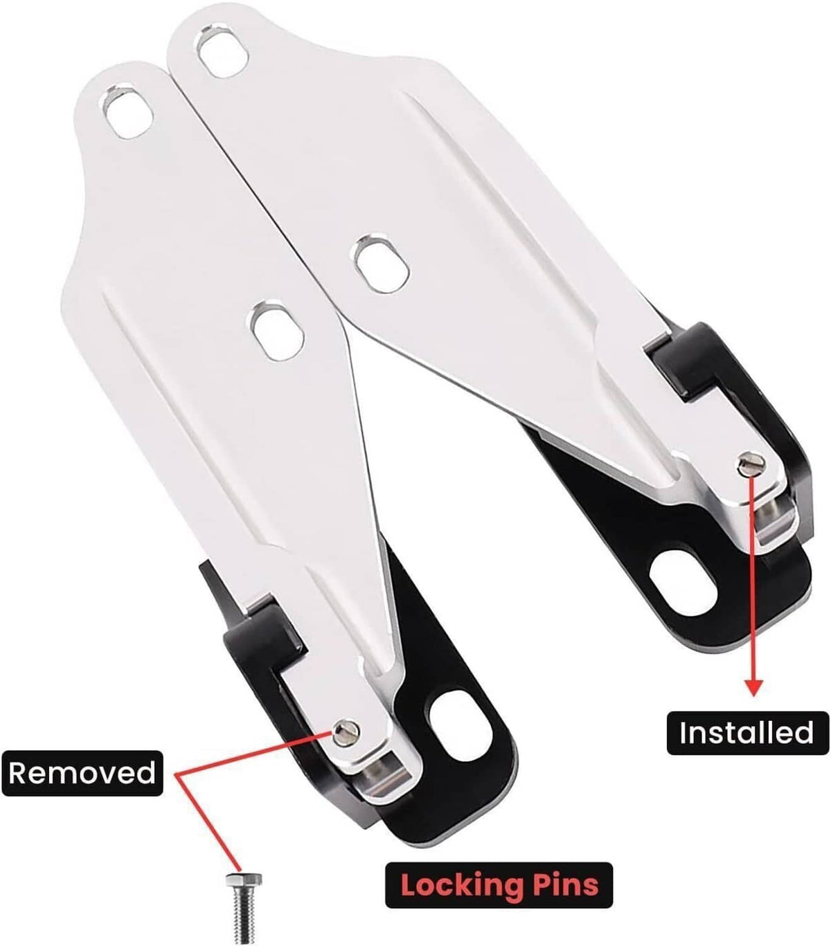 Hood quick release hinge latch bracket showing removed vs installed locking pins