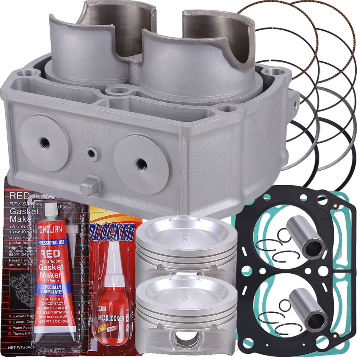 Cylinder piston top-end kit showing gray cylinder block, pistons, piston rings, and gaskets