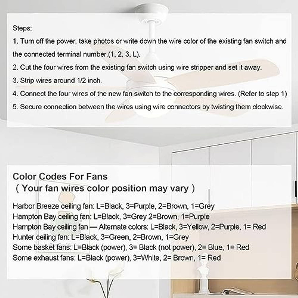 Ceiling fan pull chain switch installation steps with wire color code chart