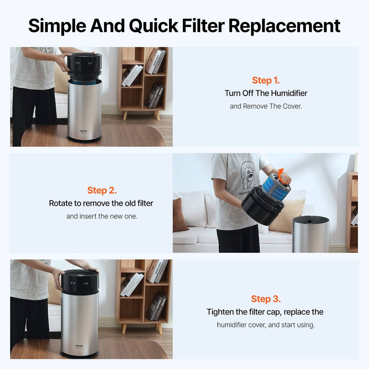 Evaporative humidifier filter replacement set with blue cartridges and grey caps