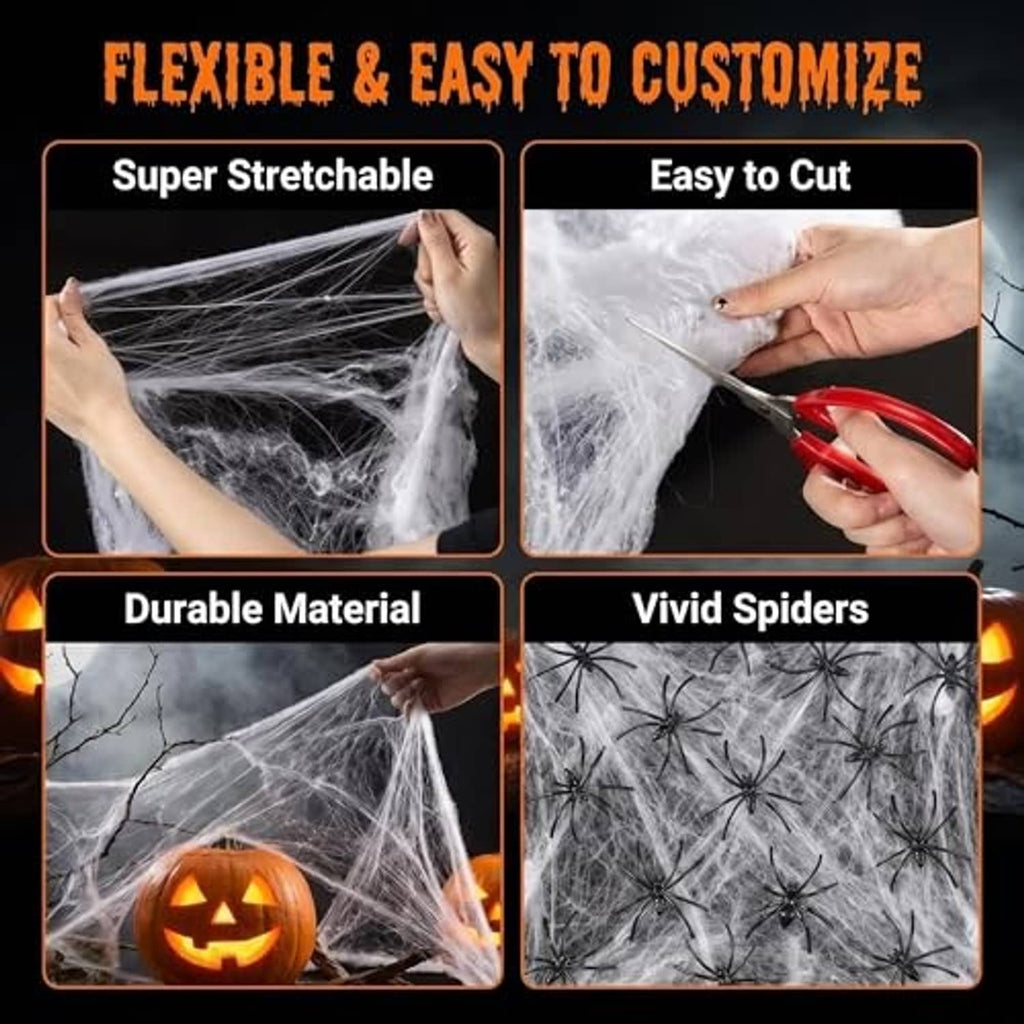 White stretchable spider web with black spider clusters, close-up of strands