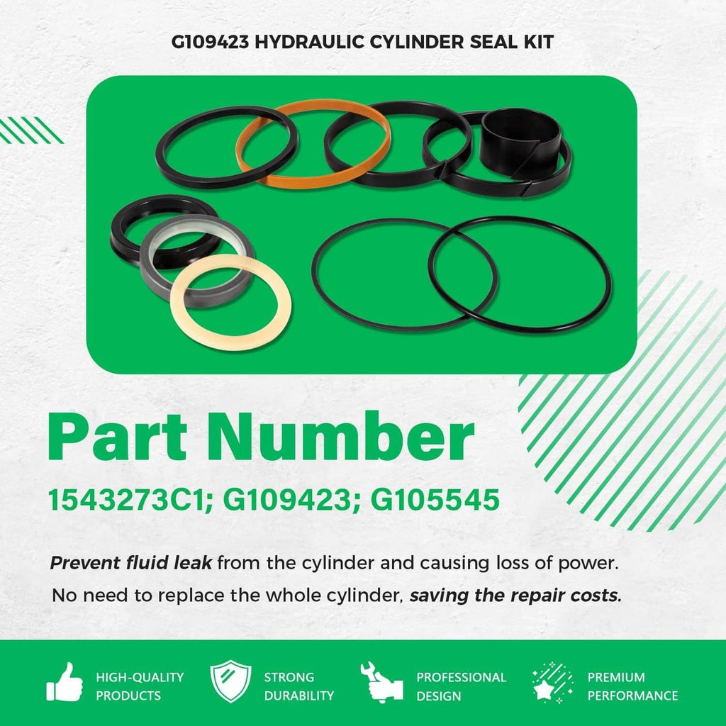 Hydraulic cylinder seal kit parts with multiple O-rings and a black seal collar