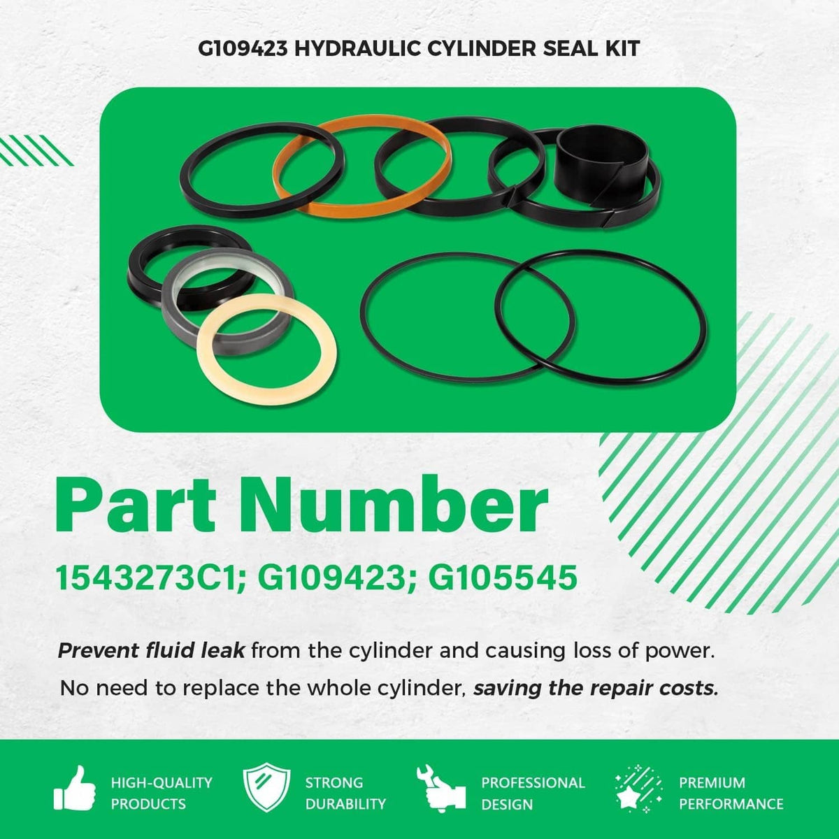 Hydraulic cylinder seal kit parts with multiple O-rings and a black seal collar