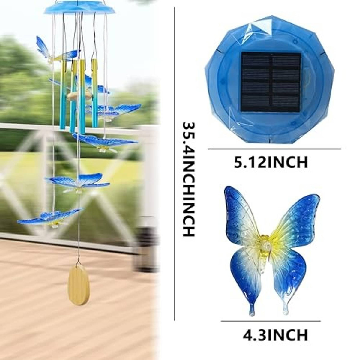 Blue butterfly solar wind chime with round solar panel top and hanging light tubes