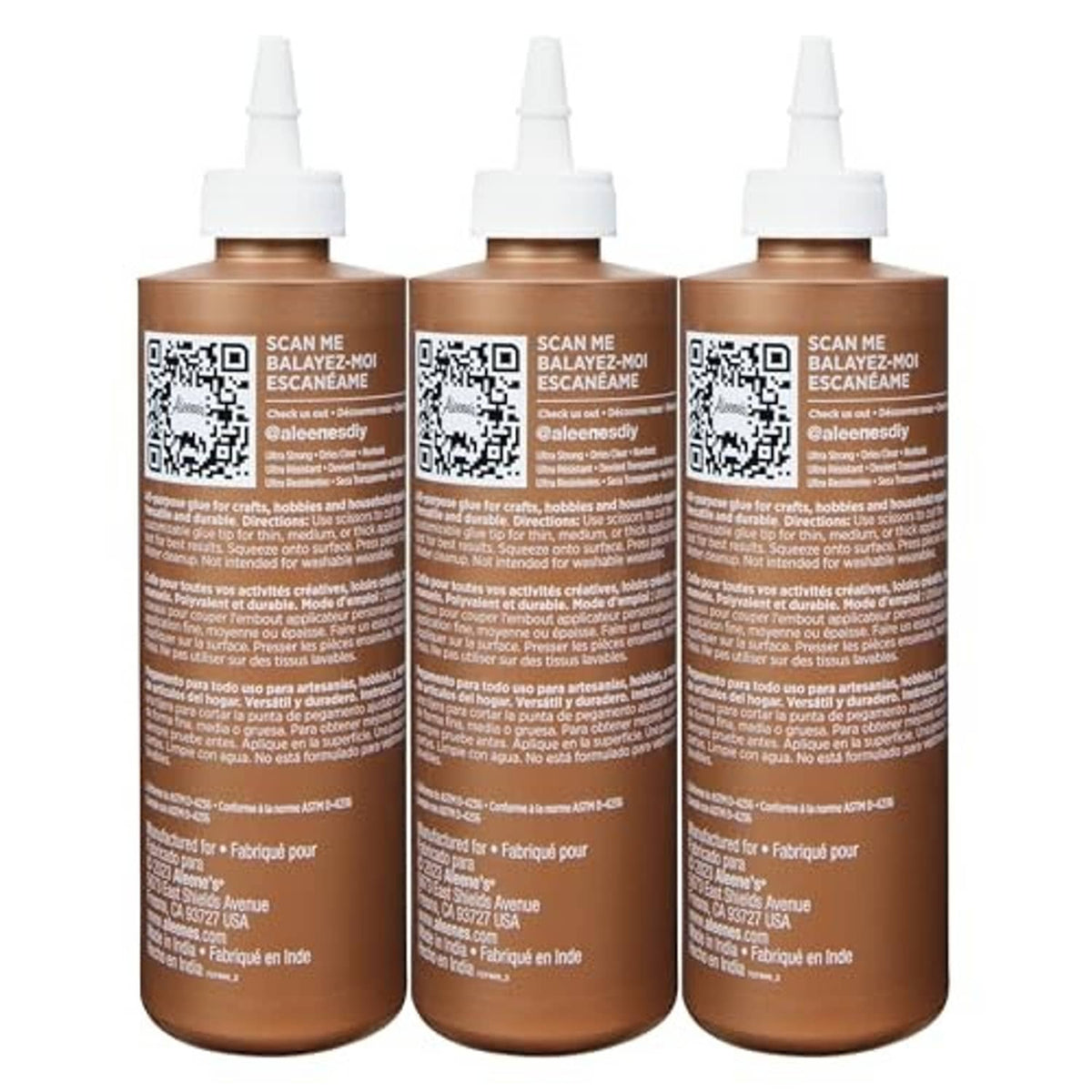 Back view of 3 tacky glue bottles with barcode and ingredients on brown label