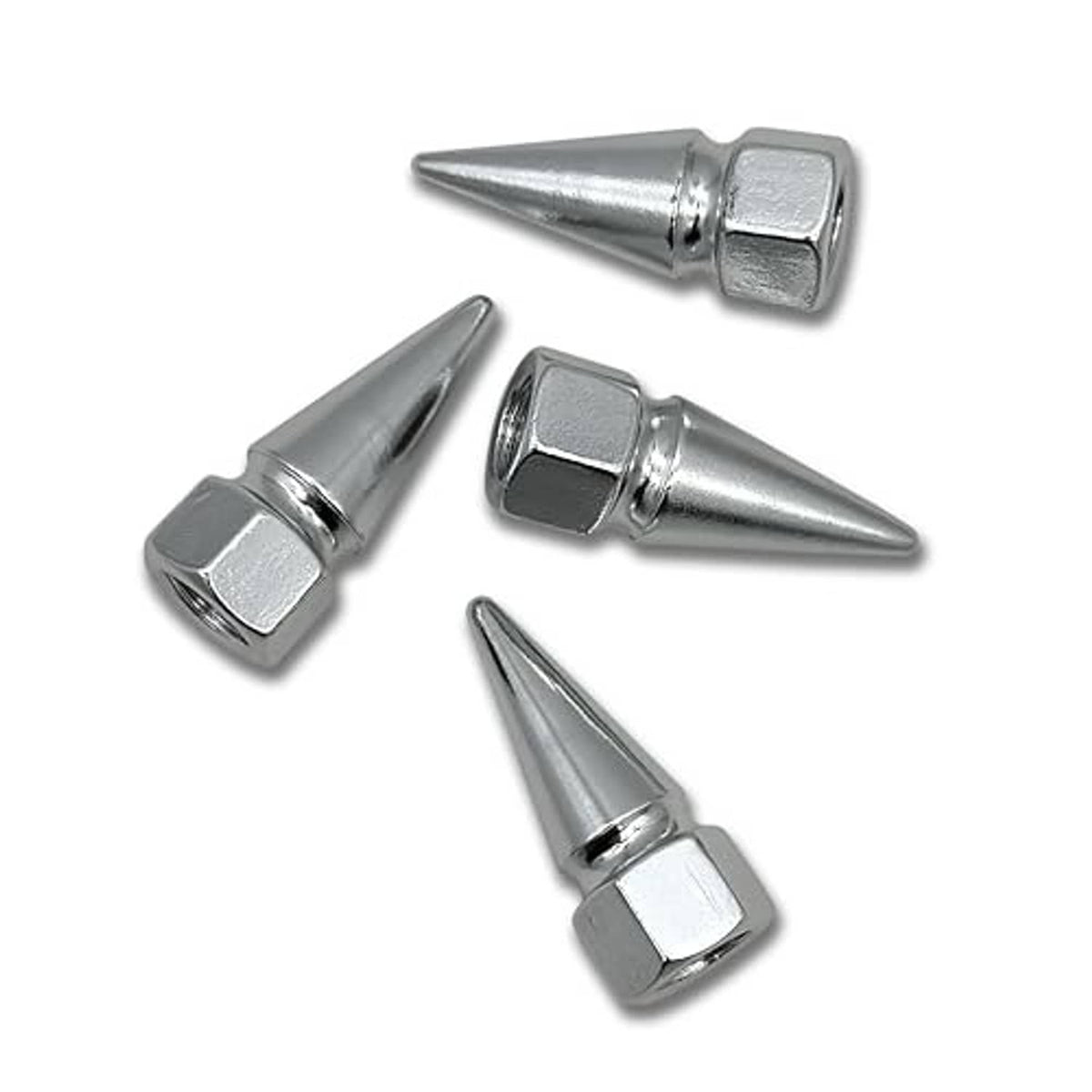 Chrome spike valve stem caps with hex nuts, 4-pack