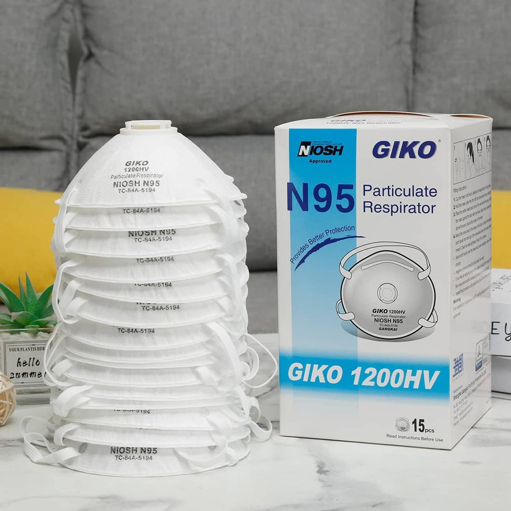 Stack of white N95 respirator masks with valve and matching box packaging