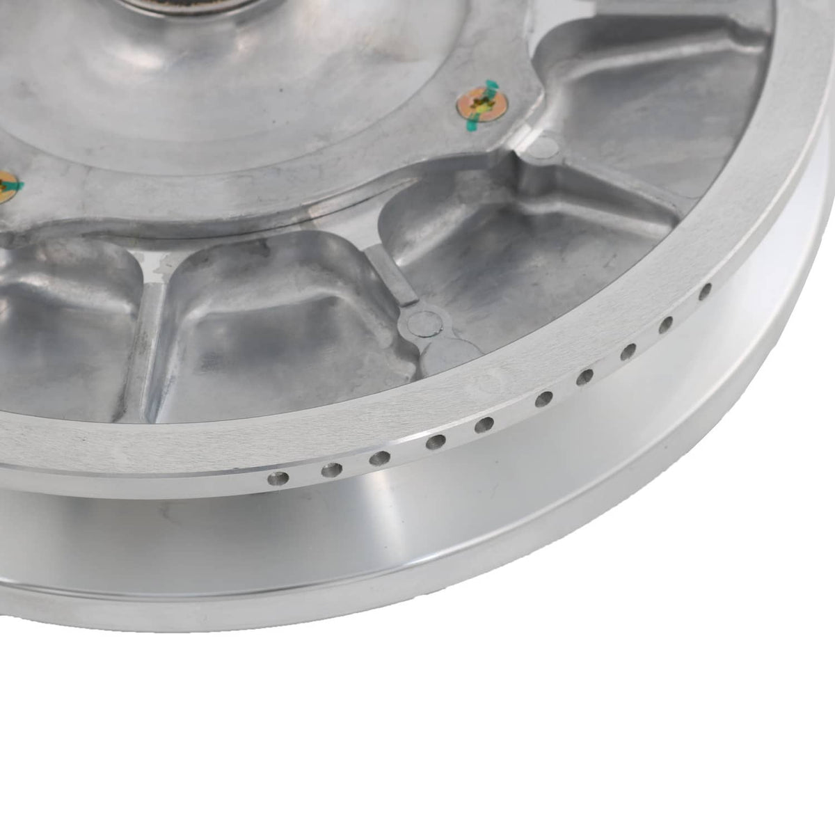 Secondary driven clutch sheave rim detail, silver ring with evenly spaced holes
