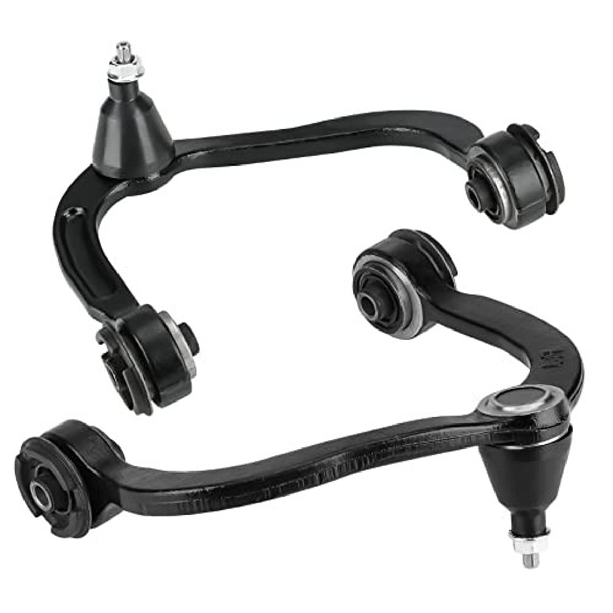 Black front upper control arm set showing ball joints, bushings, and link arms