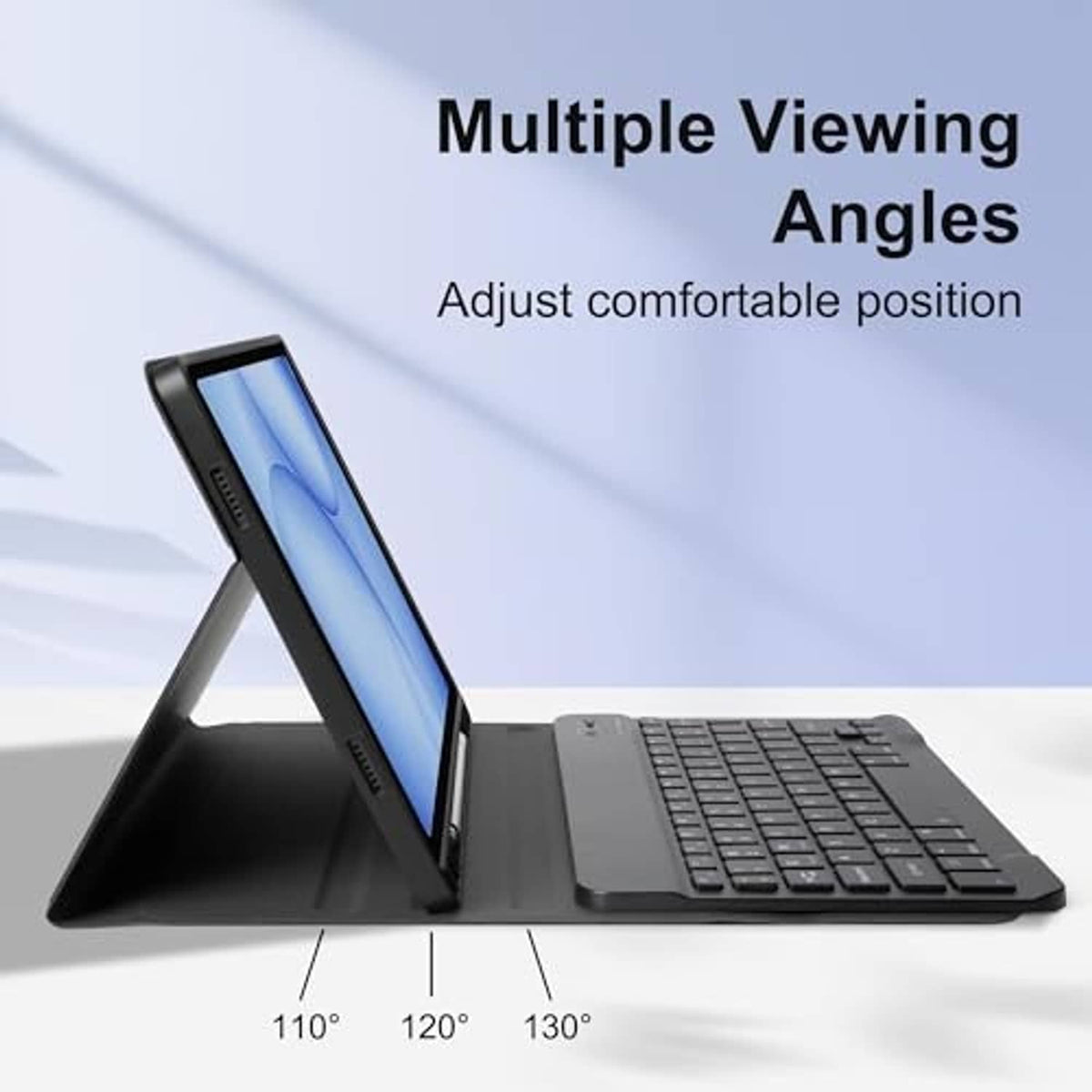Black tablet keyboard case showing multiple viewing angles with built-in keyboard