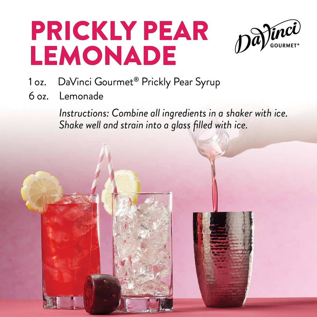 DaVinci Gourmet prickly pear lemonade recipe infographic with drink glasses