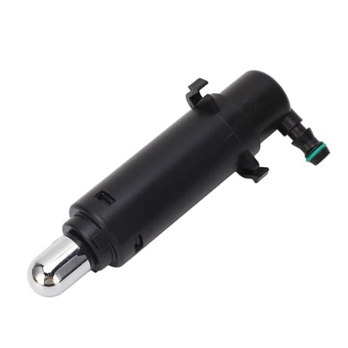 Headlight washer spray nozzle jet, black cylindrical housing with chrome tip and green inlet