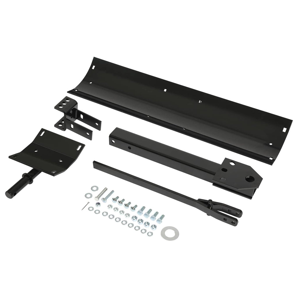 Complete scrape blade kit components laid out: blade frame, side mounts, and bolt hardware