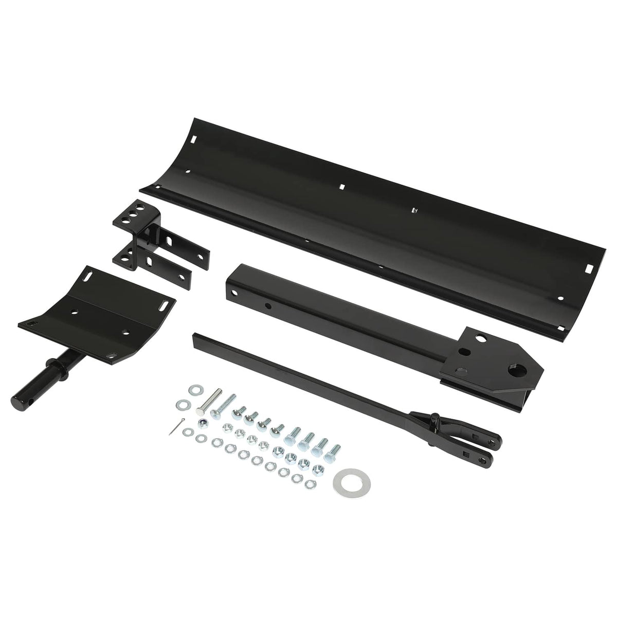 Complete scrape blade kit components laid out: blade frame, side mounts, and bolt hardware