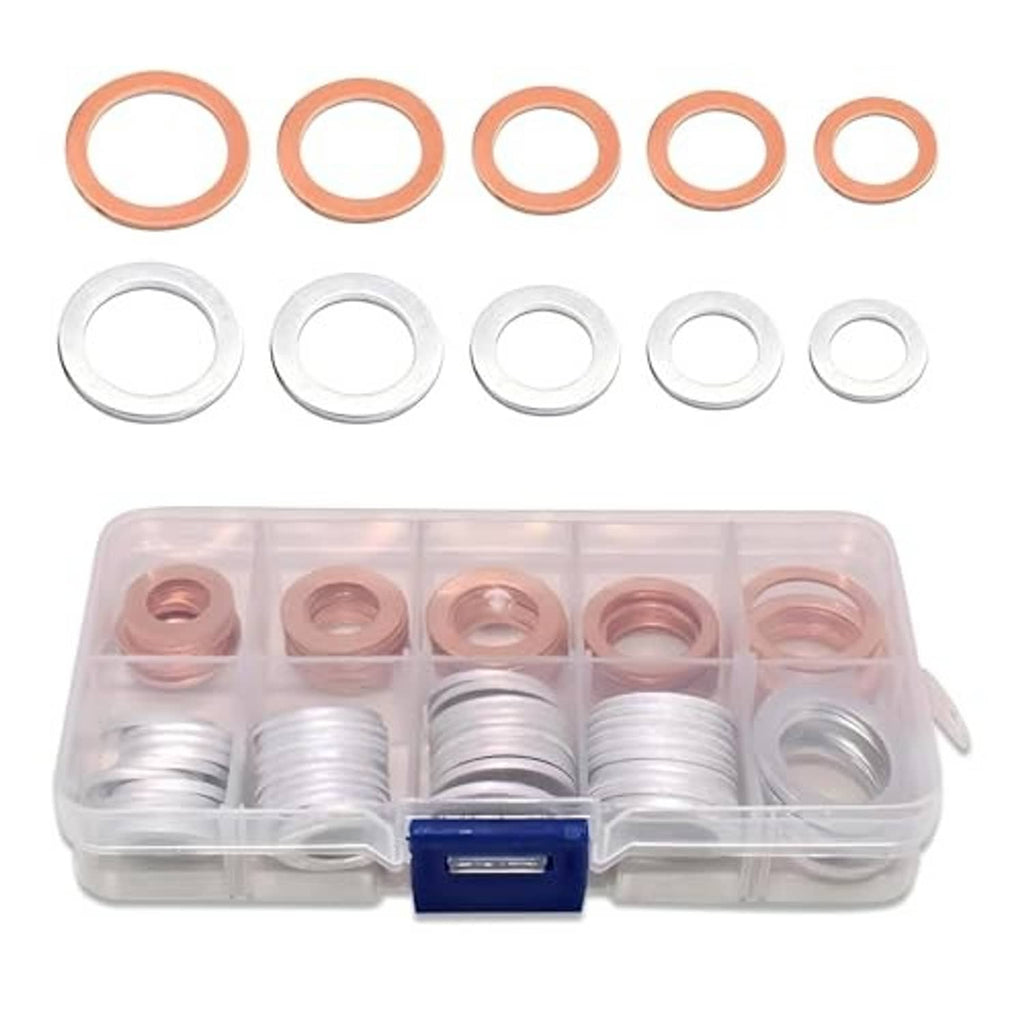 Oil drain plug gasket assortment in clear case: copper O-rings and silver crush washers