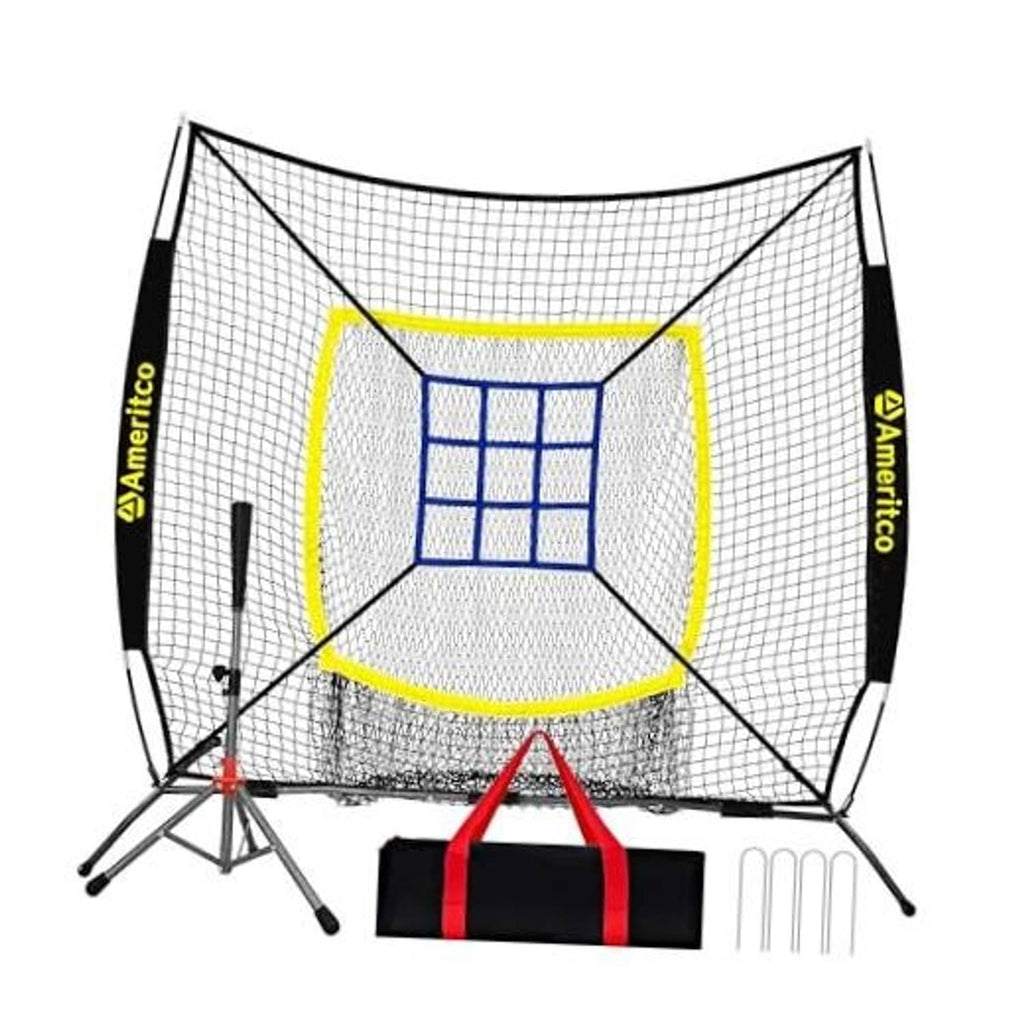 Black baseball practice net with blue strike target square and front batting tee