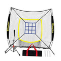 Black baseball practice net with blue strike target square and front batting tee