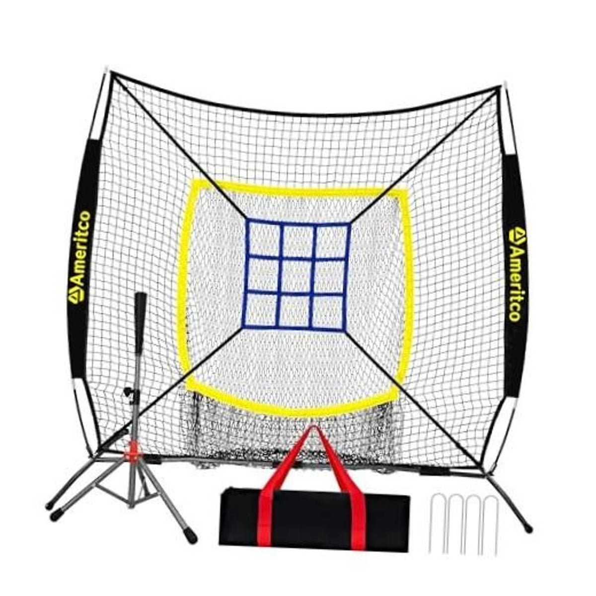 Black baseball practice net with blue strike target square and front batting tee