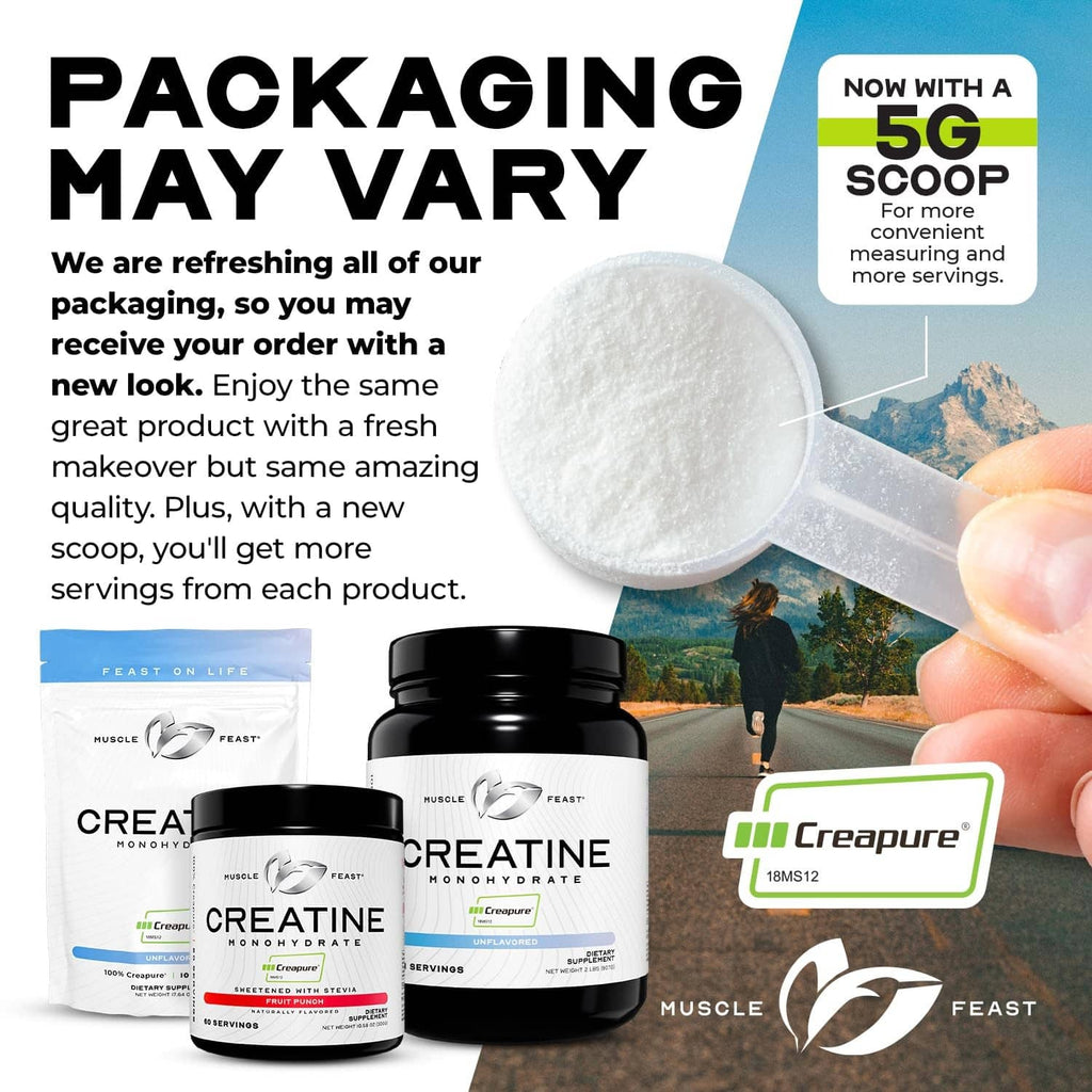 Creatine monohydrate powder jar with scoop of fine white powder and Creapure label