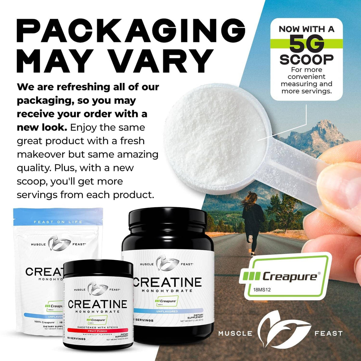 Creatine monohydrate powder jar with scoop of fine white powder and Creapure label